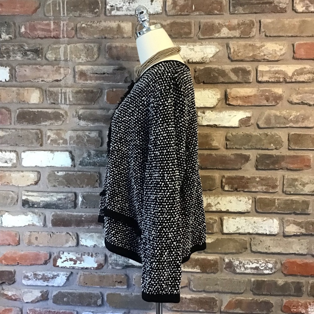 KASPER Women's Chic Black & White Textured Fringe Knit Cardigan Jacket XL - Picture 4 of 8